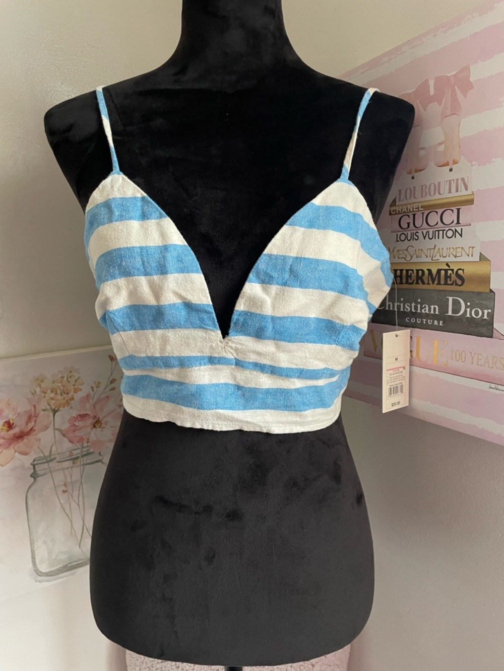 a new day Blue & White Striped V-Neck Crop Tank